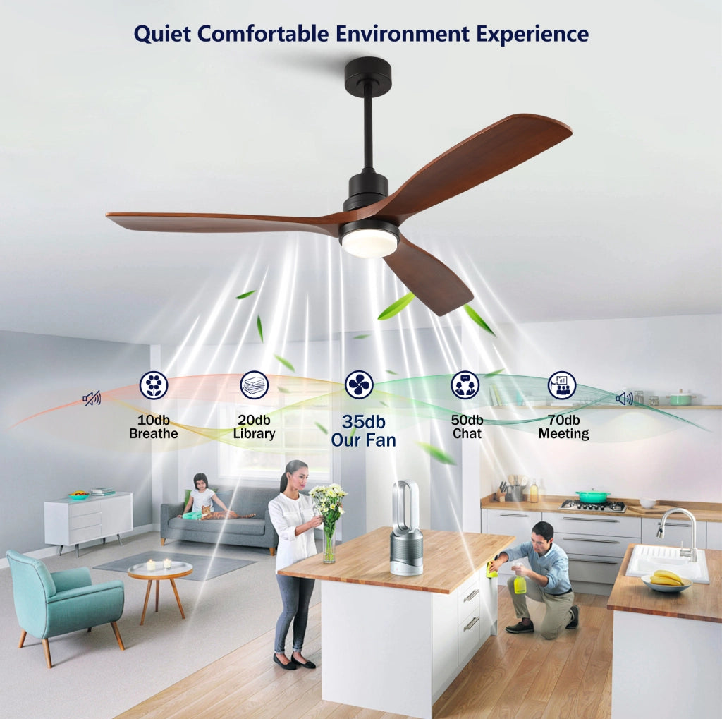 Ventilatore da soffitto 60 pollici in legno massello con luce LED; telecomando; nero noce