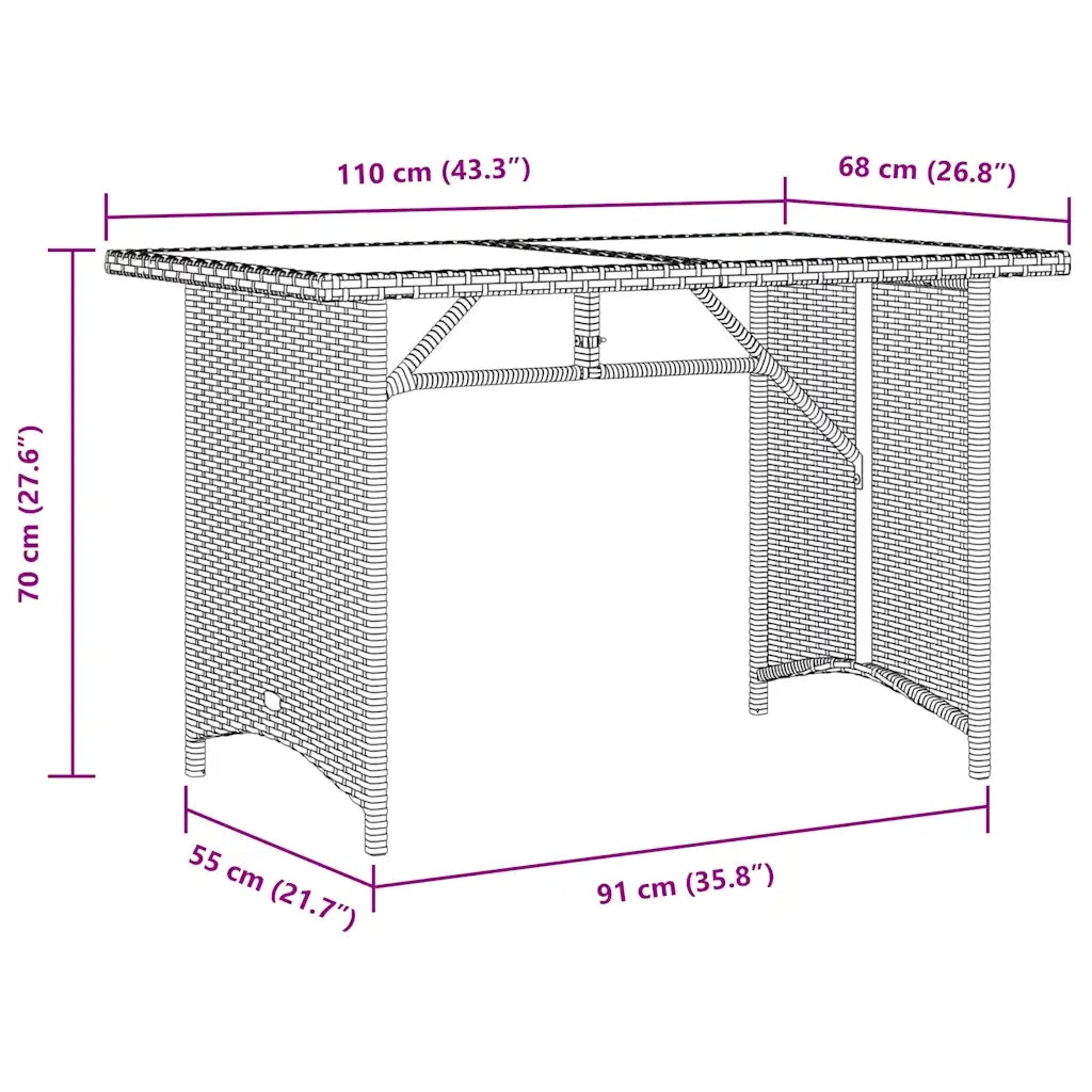 Tavolo Giardino Piano Vetro Grigio Chiaro 110x68x70 Polyrattan