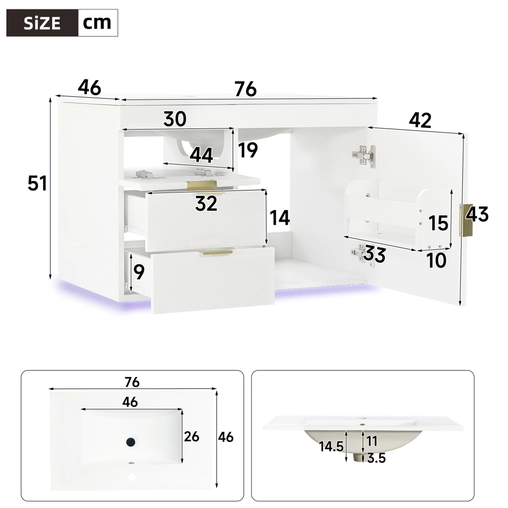 Mobile sottolavabo con LED e lavabo in ceramica, 2 cassetti e vano laterale, per bagno, bianco, 77 × 47 × 51 cm