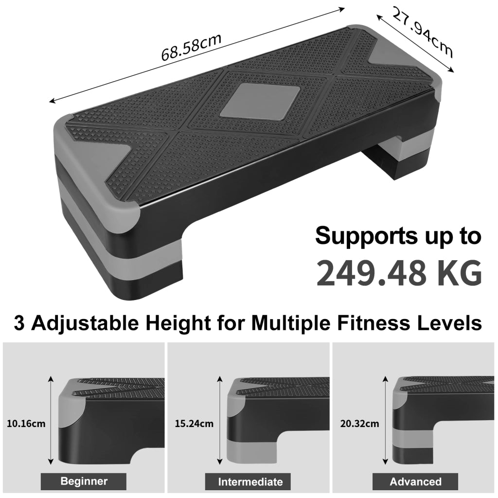 Step aerobico regolabile a 3 livelli, piattaforma antiscivolo in PE, nero/grigio