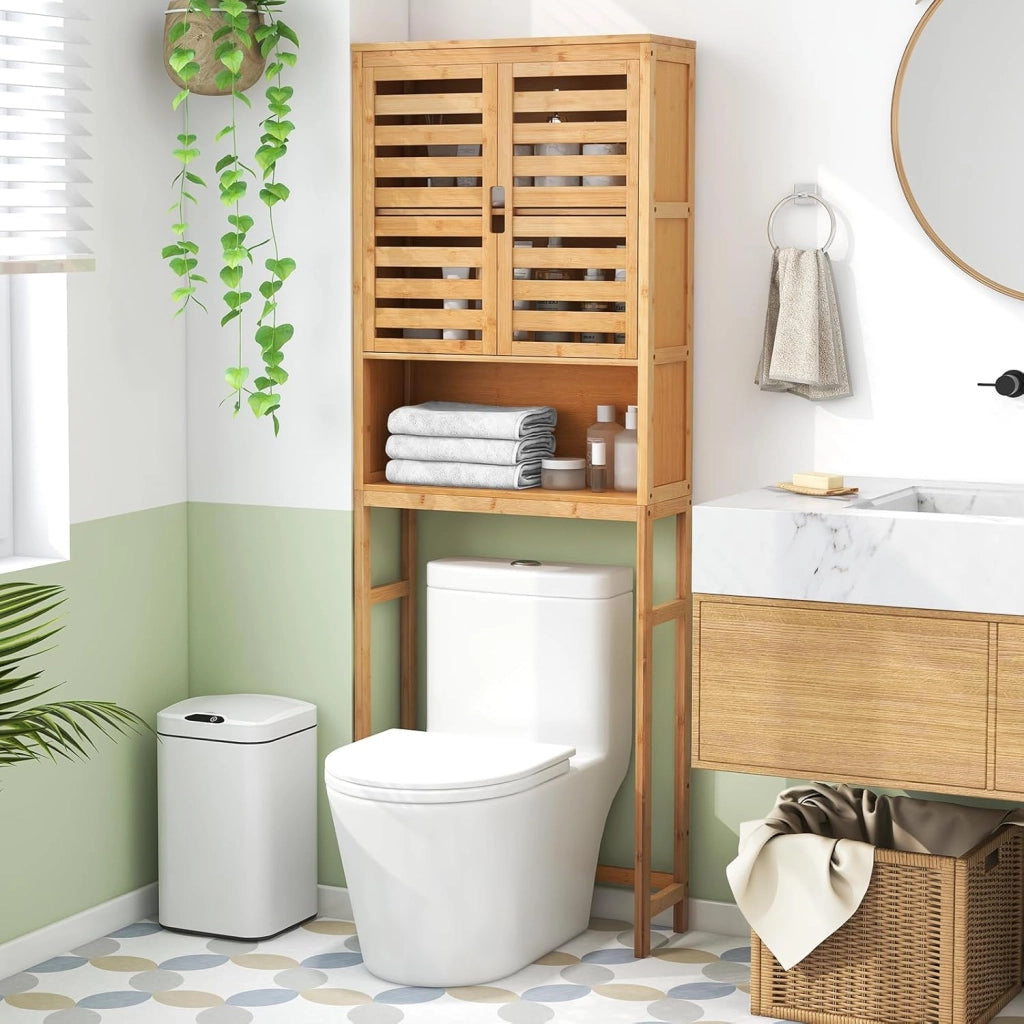 Mensola WC autoportante 3 piani in bambù, 62 x 23 x 170 cm, armadietto WC con 2 ante e vano portaoggetti aperto, per WC e bagno