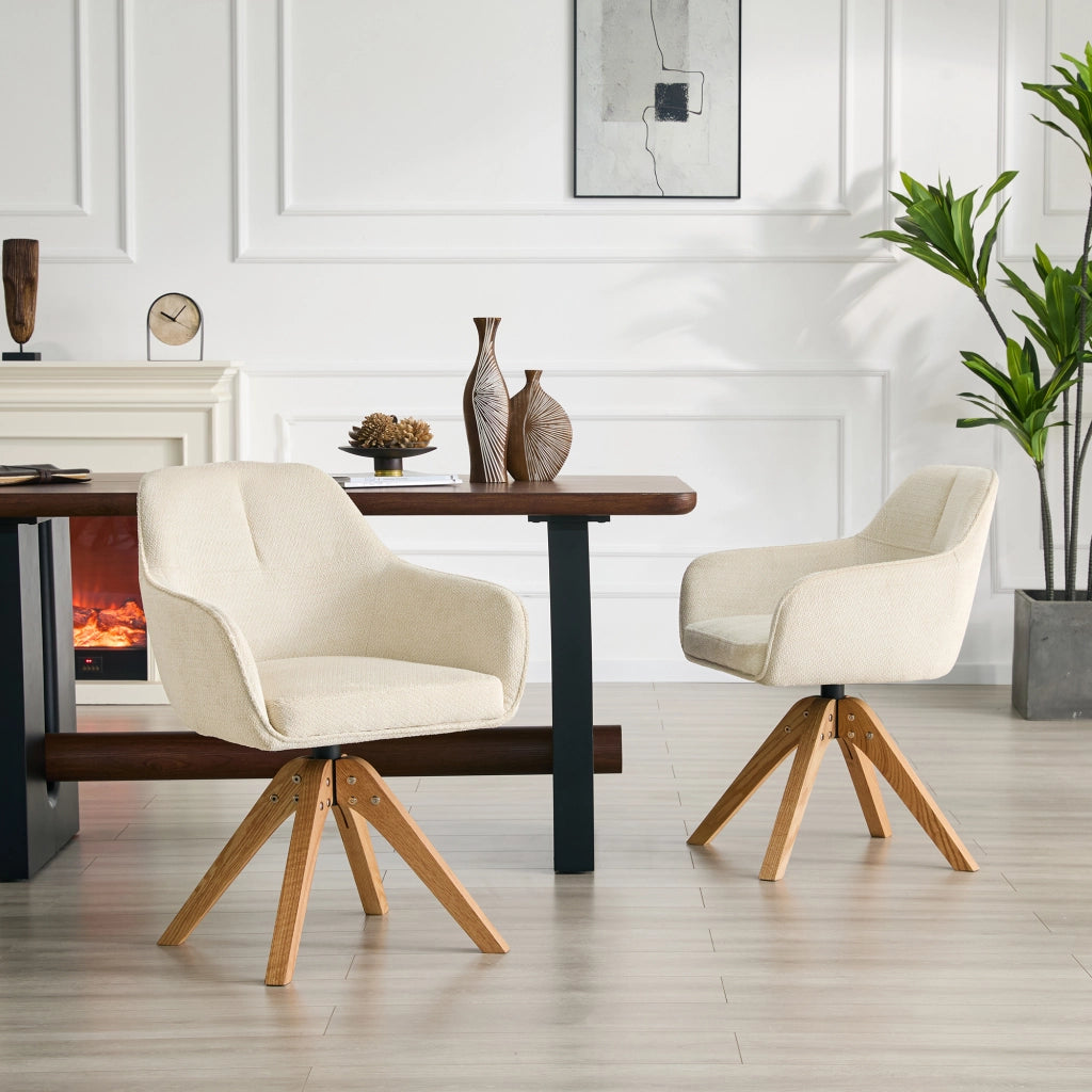 Sedia da sala da pranzo girevole con braccioli e schienale ergonomico in tessuto beige e legno di quercia