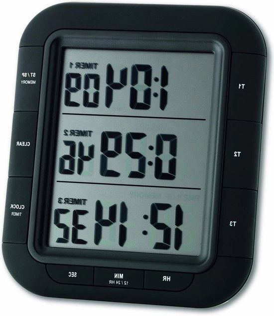 Timer elettronico triplo XL 38.2023 - 3 timer orologio cronografo - ore minuti secondi - funzione di memoria - nero - 103 x 20 x 121 mm.