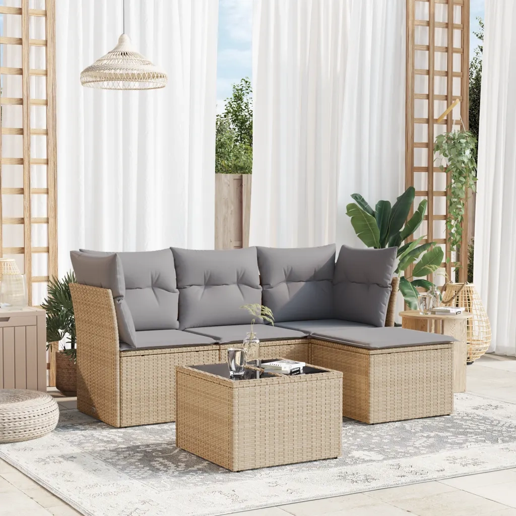 Set Divano da Giardino 5 pz con Cuscini-Sofa da Giardino-Divanetto da esterno Beige in Polyrattan 193589
