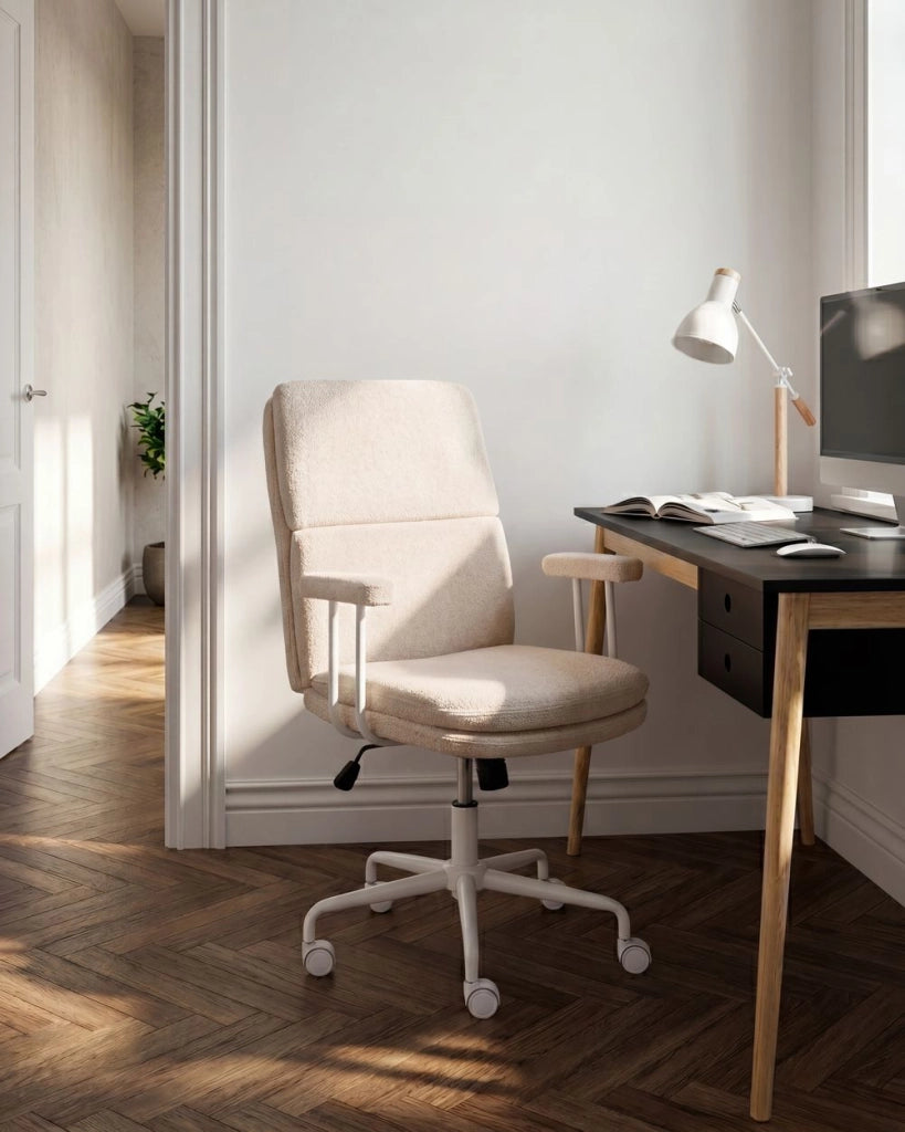 Sedia da ufficio per casa girevole, rivestita in tessuto, con sistema di bloccaggio della posizione reclinabile e altezza regolabile beige chiaro