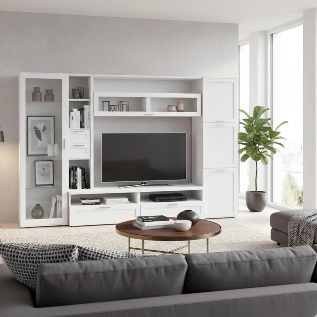 Parete Attrezzata Con Vetrina 6 Ante Battenti E 3 Ribalte Ampio Mobile Porta TV Con Ripiani Design Moderno Per Zona Living Elegante Minimal Funzionale 300 X 50 X 215 Cm Bianco