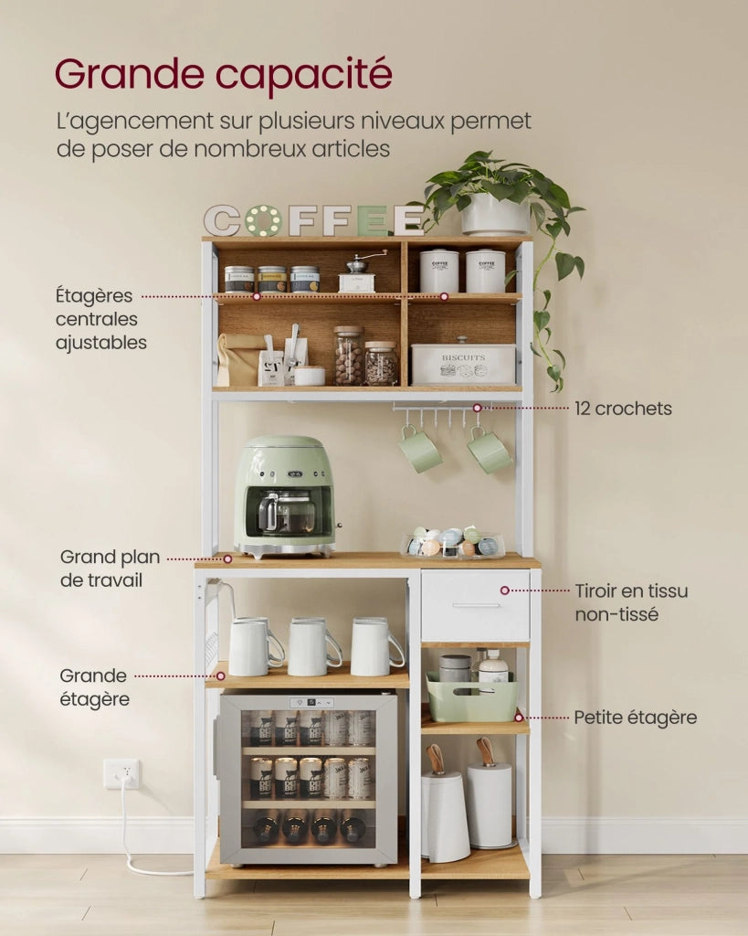 Mensola da cucina con multipresa bar con ripiani regolabili cassetto in tessuto 12 ganci 40 x 80 x 1804 cm supporto per microonde bianco 12_0005658