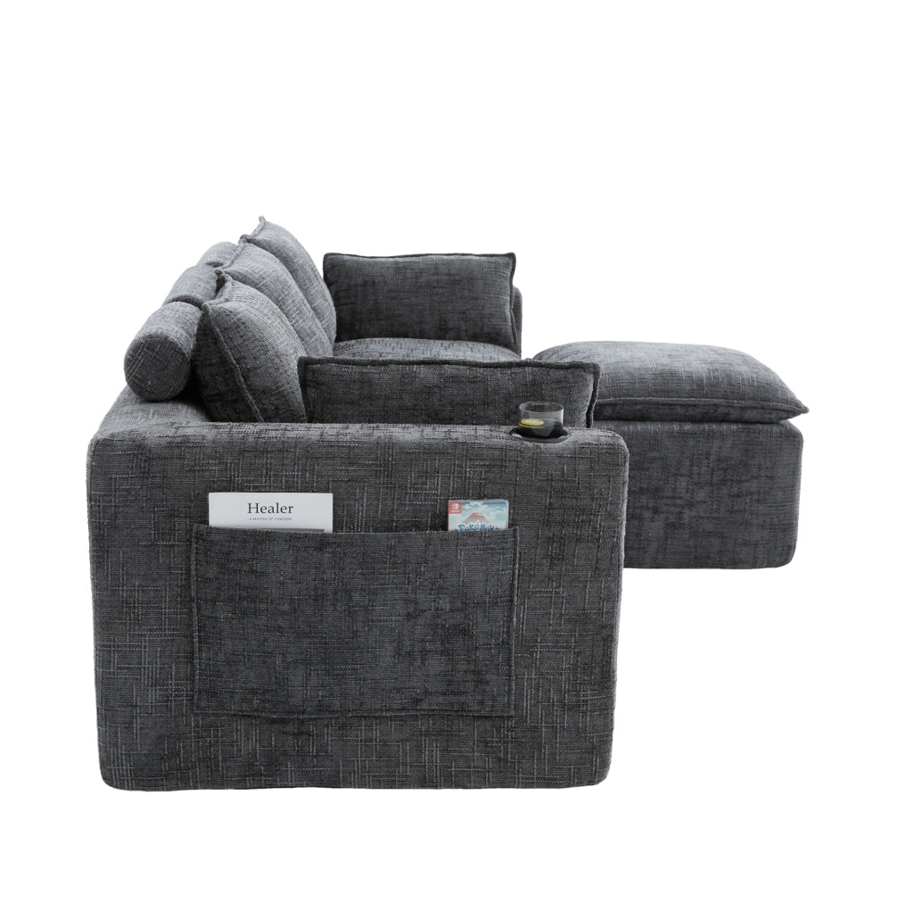 Divano modulare con pouf 256x161x75 cm in ciniglia grigio scuro