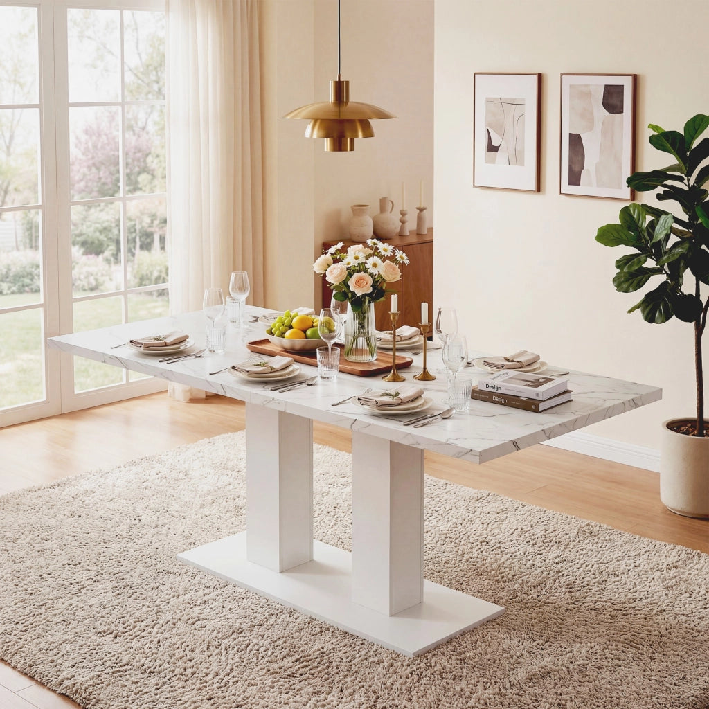 Tavolo allungabile, 140/180 × 70 cm, per 6-8 persone, effetto marmo, bianco