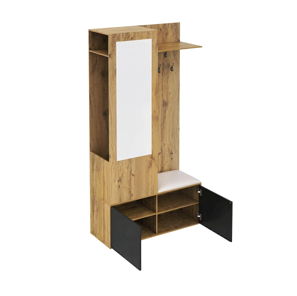 Mobile ingresso con specchio; scarpiera e panca 100x38x191 cm in MDF nero e naturale