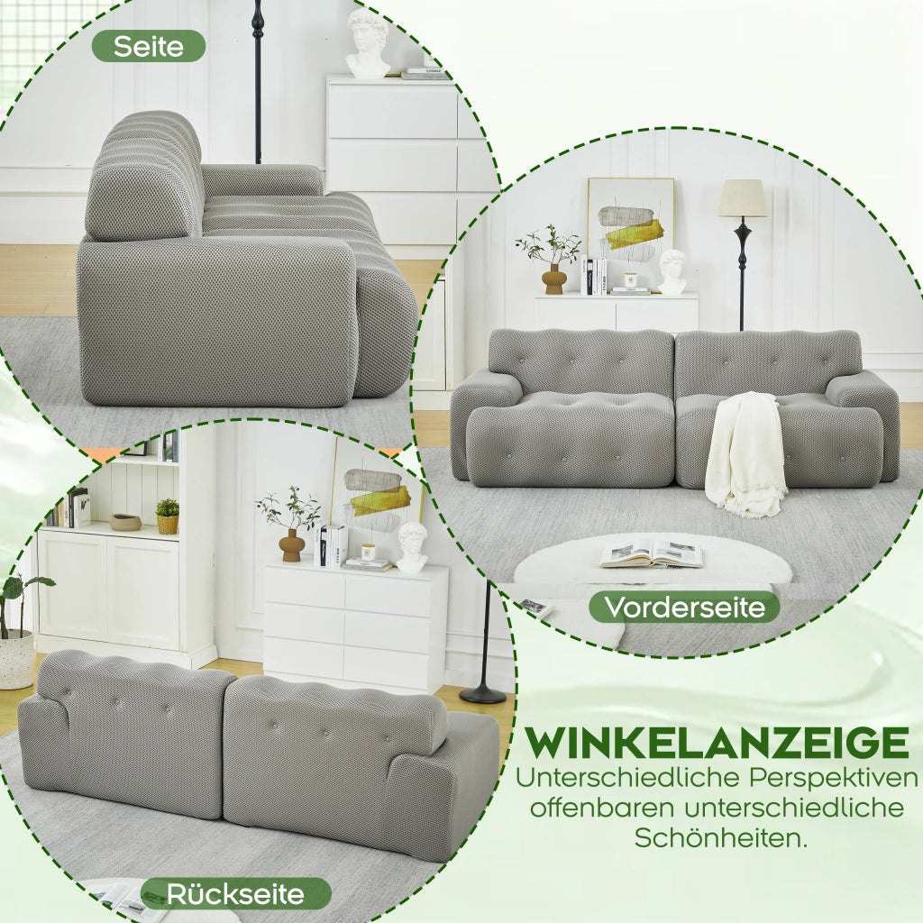 Divano a 2 posti con braccioli ampi, cuciture trapuntate, design moderno in tessuto grigio 224 × 104 × 66 cm
