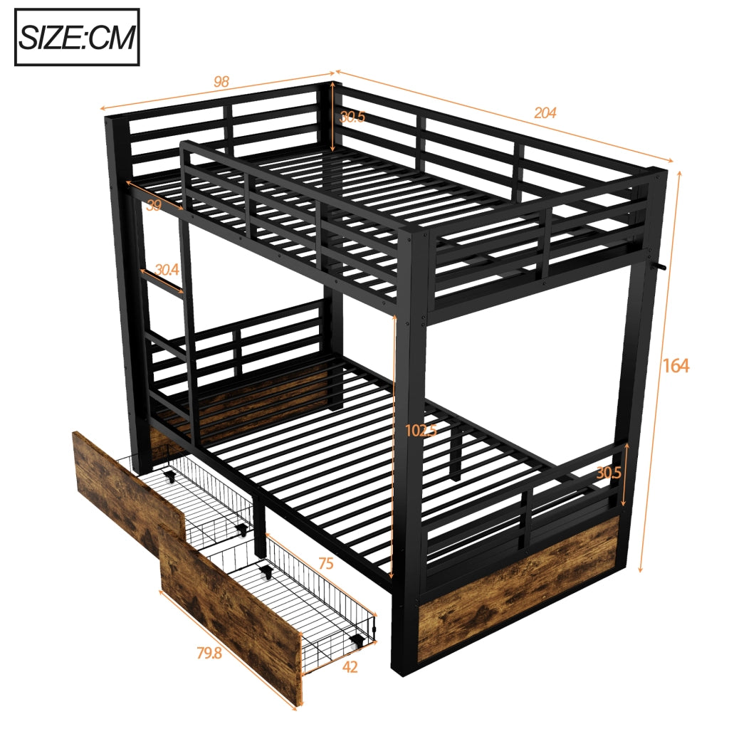 Letto a castello 90x200 cm, struttura in metallo, 2 cassetti, letto per bambini, nero