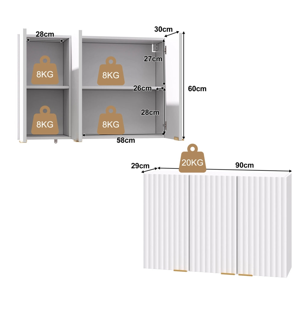 Pensile da parete con 3 ante; 90 x 29 x 60 cm; in MDF bianco