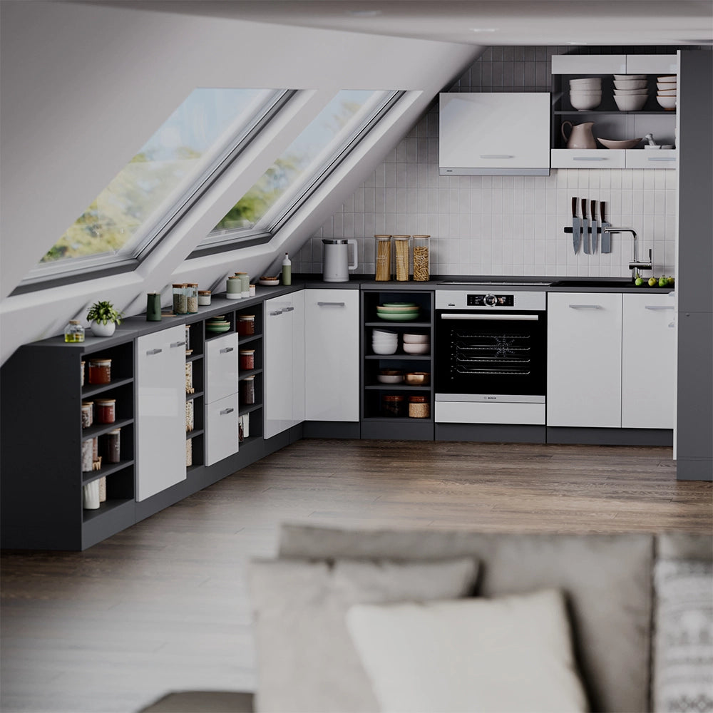 Mobile cucina sottotetto R-Line Bianco lucido/Antracite 60 cm con 2 cassetti, carcassa 60 cm profondità Vicco
