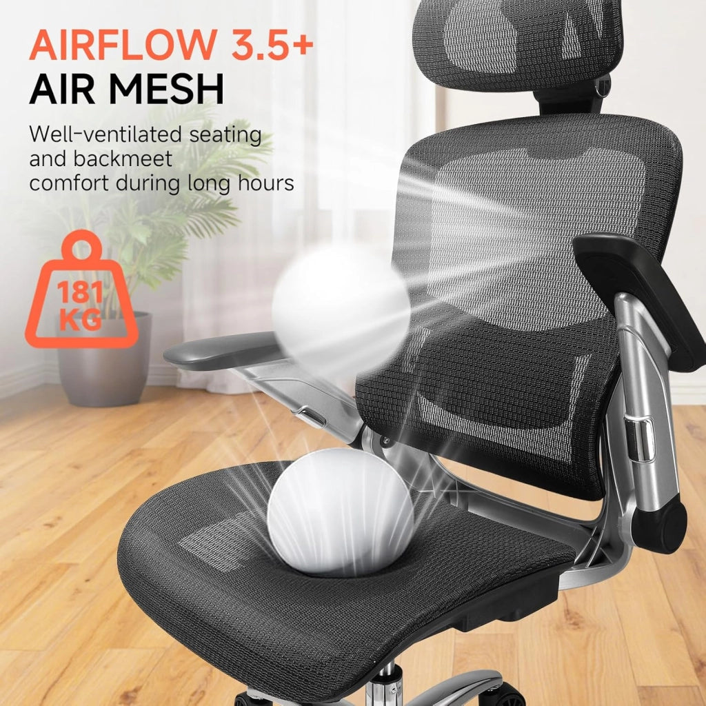 Sedia da ufficio ergonomica da scrivania con mesh, poggiatesta 2D, braccioli 4D, schienale alto con bilanciere e bloccaggio (90-125°), seduta extra larga, portata 180 kg, colore nero