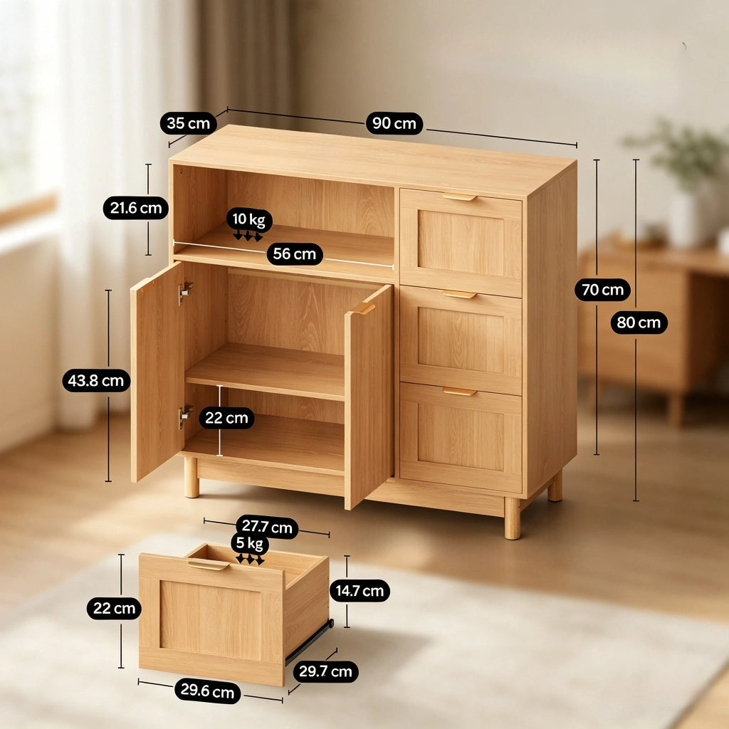 Credenza con 3 cassetti e ripiani regolabili, per cucina, in MDF e truciolato, effetto legno, 90 × 35 × 80 cm