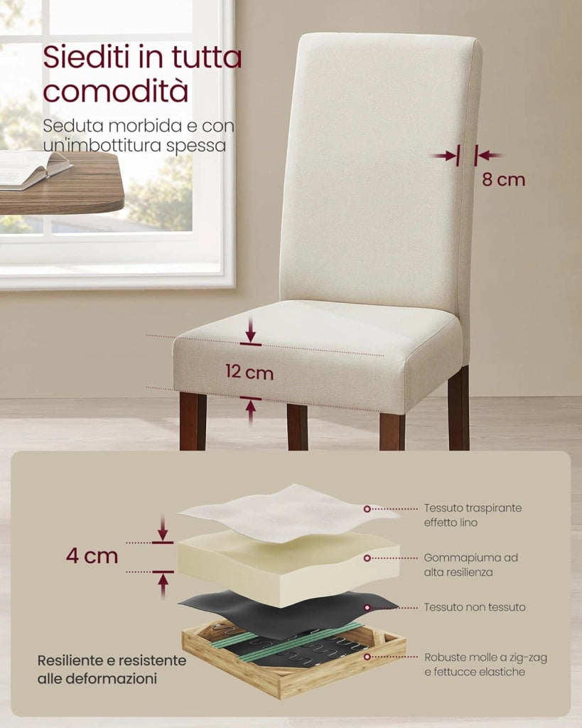 VASAGLE Sedie da Pranzo, Sedie Parsons da Cucina, Schienale Alto, per Sala da Pranzo, Set di 2, Seduta Imbottita Spessa, 58 x 48 x 100 cm, Bianco Crema KDC158W01
