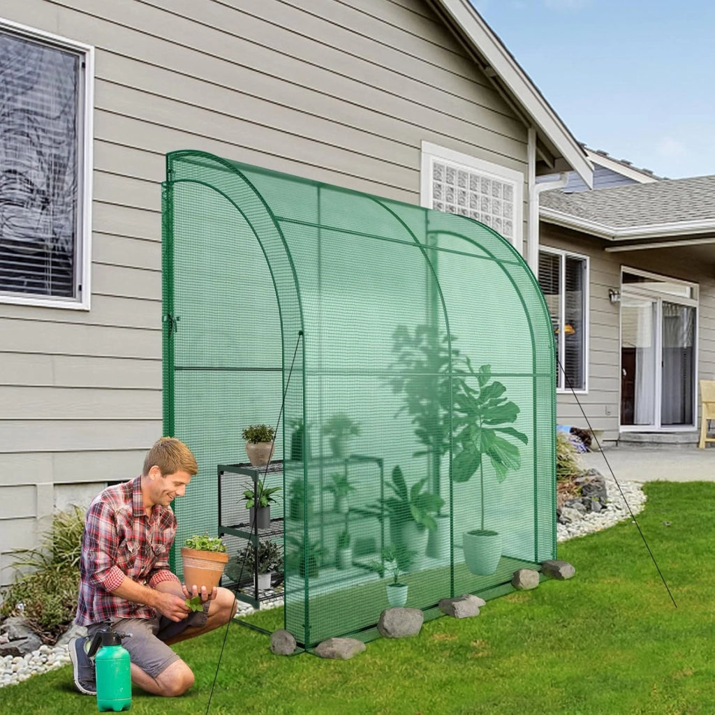 Serra da Giardino da Parete, Serra da Esterno Walk-in con Copertura in PE Resistente alle Intemperie, Porte a Cerniera Avvolgibili e Scaffale Porta Piante, 200 x 100 x 215 cm