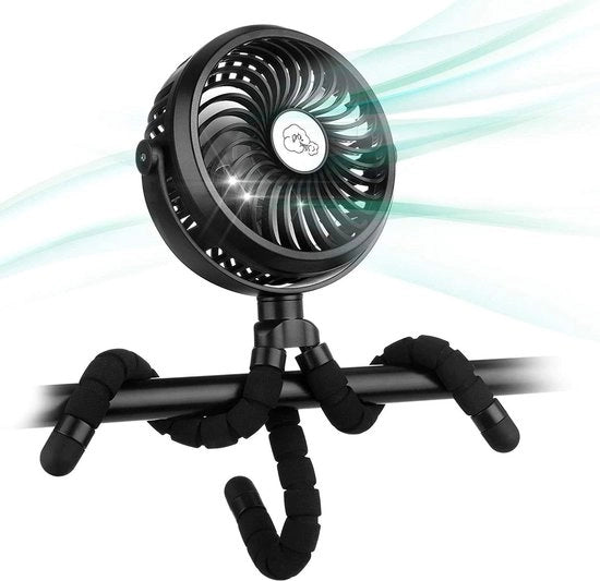 Ventilatore per passeggini con batteria 2600mAh Funzionamento silenzioso 3 velocità Luce LED rotativa 360° per auto passeggino bicicletta campeggio BBQ palestra