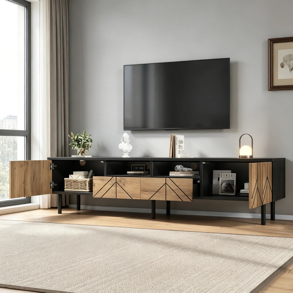 Mobile TV con 2 cassetti e 2 ante; per soggiorno; in pannello truciolare; nero e naturale; 180 × 40 × 45 cm