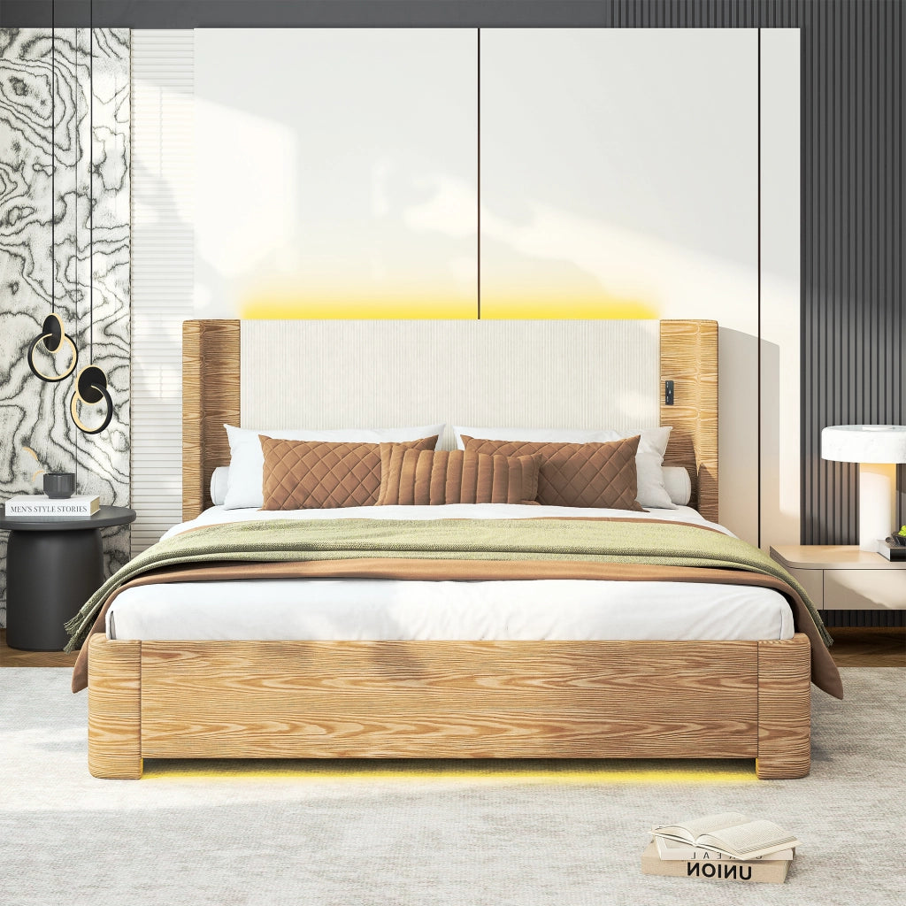 Letto contenitore matrimoniale 180 × 200 cm con LED a 7 colori, materasso non incluso, in velluto beige