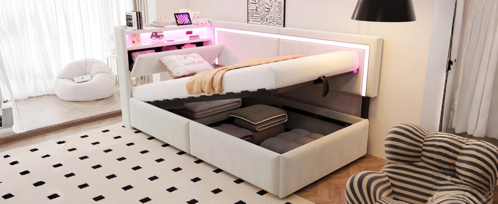 DESMIU Letto contenitore 90 × 200 cm 1 posto con LED, USB, ripiani, senza materasso, in velluto, beige