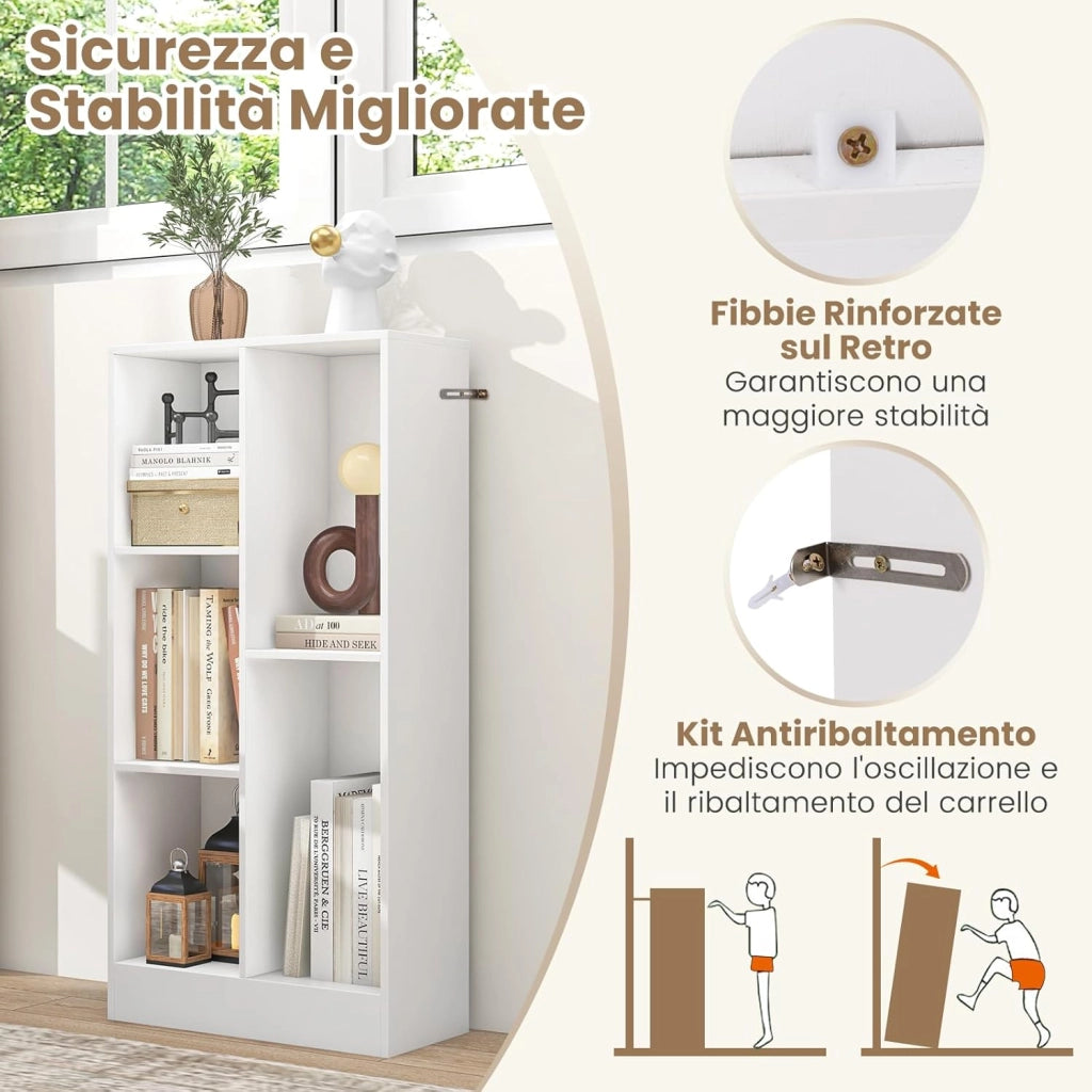 Libreria a 5 Cubi, Organizzatore di Stoccaggio Autoportante a 3 Livelli con 2 Kit Antiribaltamento, Mensola in Legno per Soggiorno Camera da Letto Ufficio, 50x24x104 cm