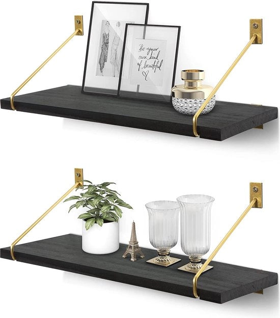 Set di due gronde per parete, nero, legno, pannelli flottanti, oro, metallo, gronda per parete, mobile per parete, mobile per cucina, decorazione moderna, pannelli per parete, per soggiorno, camera da letto, bagno, ingresso
