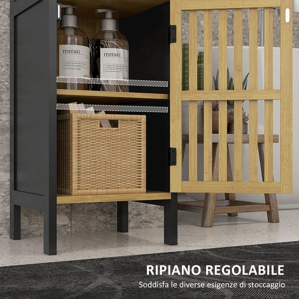 Mobiletto Bagno con Ripiano Aperto e Armadietto, in MDF e Bamb¨´, 32x30x90.5 cm, Nero e color Legno