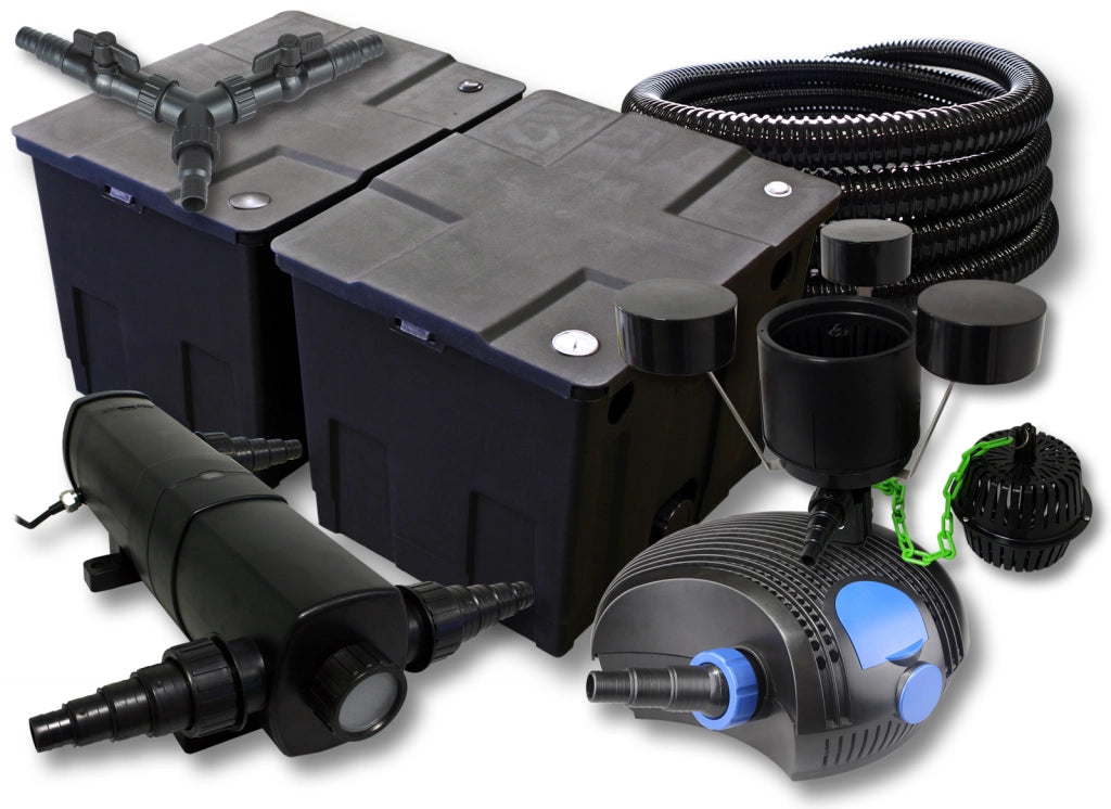 Set filtro per laghetto da 60.000l Chiarificatore 24W Pompa ECO 100W Tubo 25m Skimmer