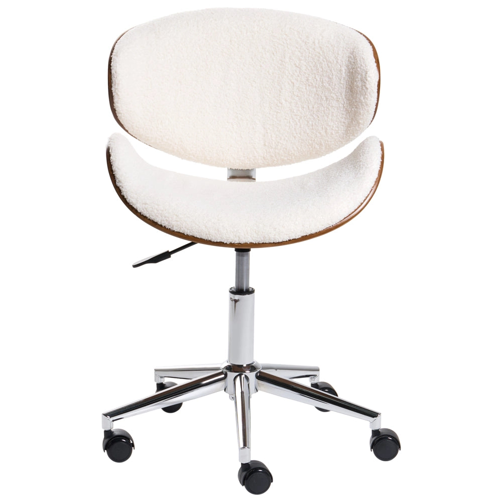 Sedia da scrivania in boucle bianco imbottita con sedile regolabile in altezza tramite pistone a gas e base girevole