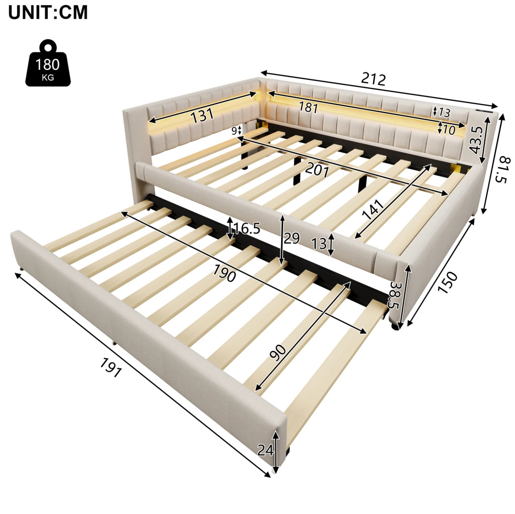 Letto da giorno estraibile 140x200 cm beige con LED e USB-C
