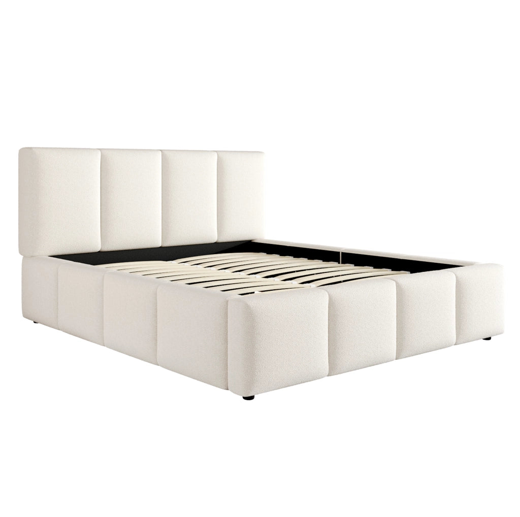 Letto imbottito 180x200 cm con rete e testiera imbottita in bouclé beige