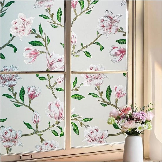 Foglia per finestre opaca - Adesiva trasparente - Fiori di magnolia - Camera da letto - Salotto - Cucina - 60 x 90 cm