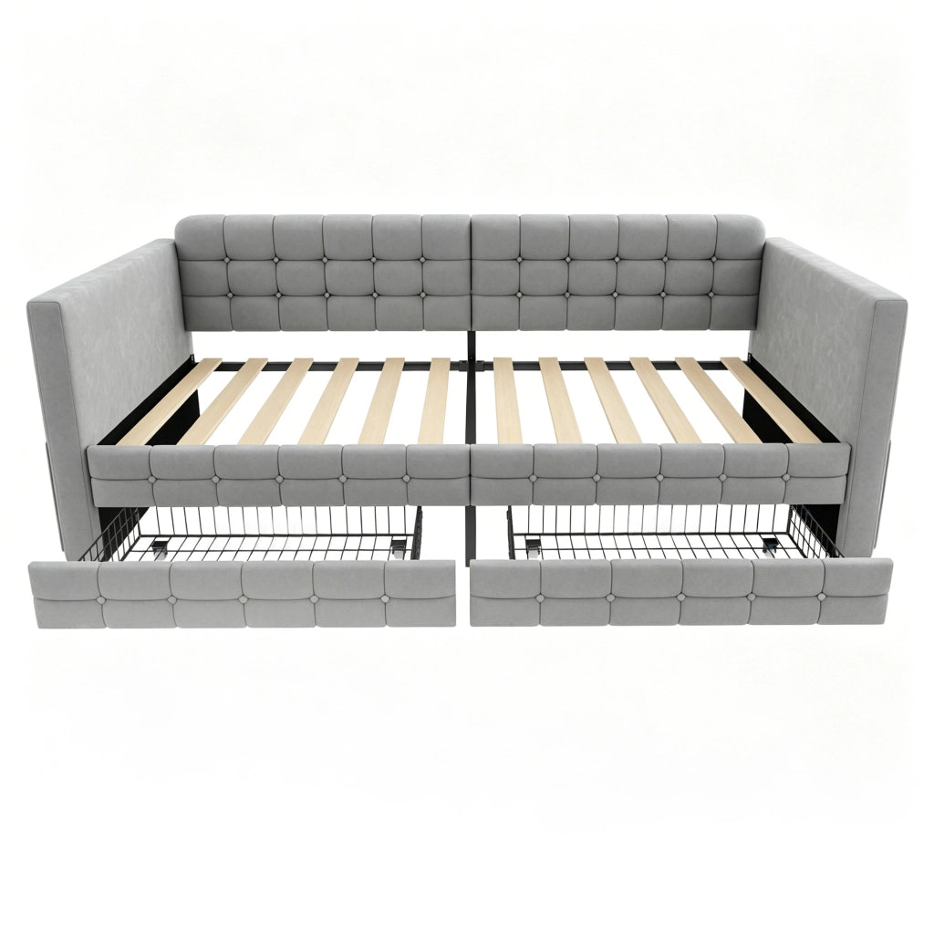 Letto con cassetti 90 × 190 cm imbottito con tasche laterali e rete a doghe in velluto grigio chiaro
