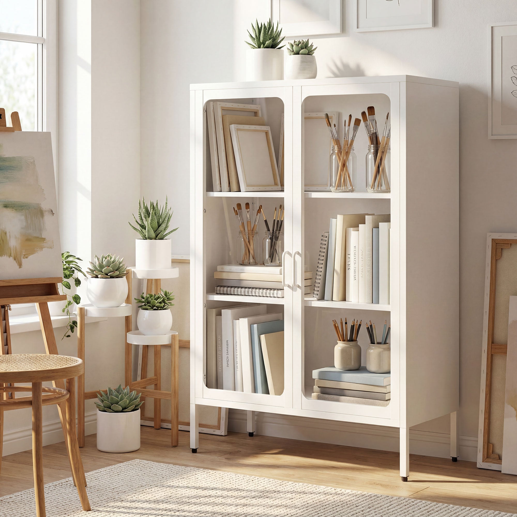 Mobile Portadocumenti 80x40x110 cm con 2 Ante in Vetro e Ripiani Regolabili in Acciaio Bianco