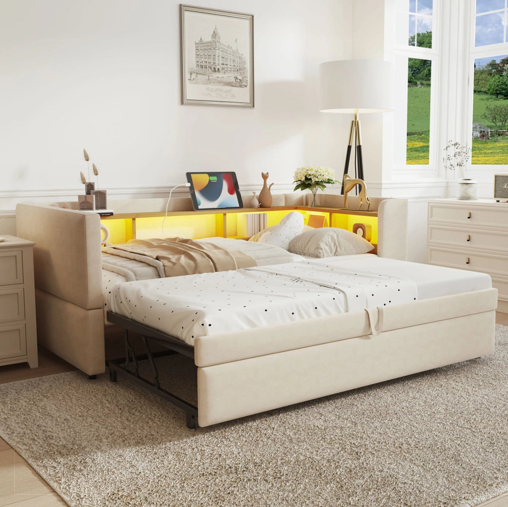 Divano letto imbottito con vani portaoggetti; LED e prese; 90/180x190 cm; beige