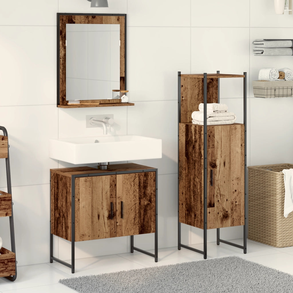 Set di Mobile Bagno 3 Pezzi in Legno Invecchiato