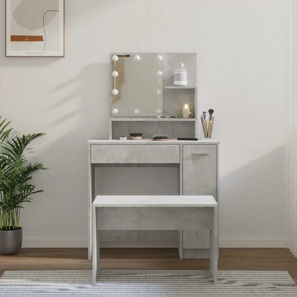 Set Tavolo da Toeletta | Tavolo da Trucco Grigio Cemento con LED Legno Multistrato