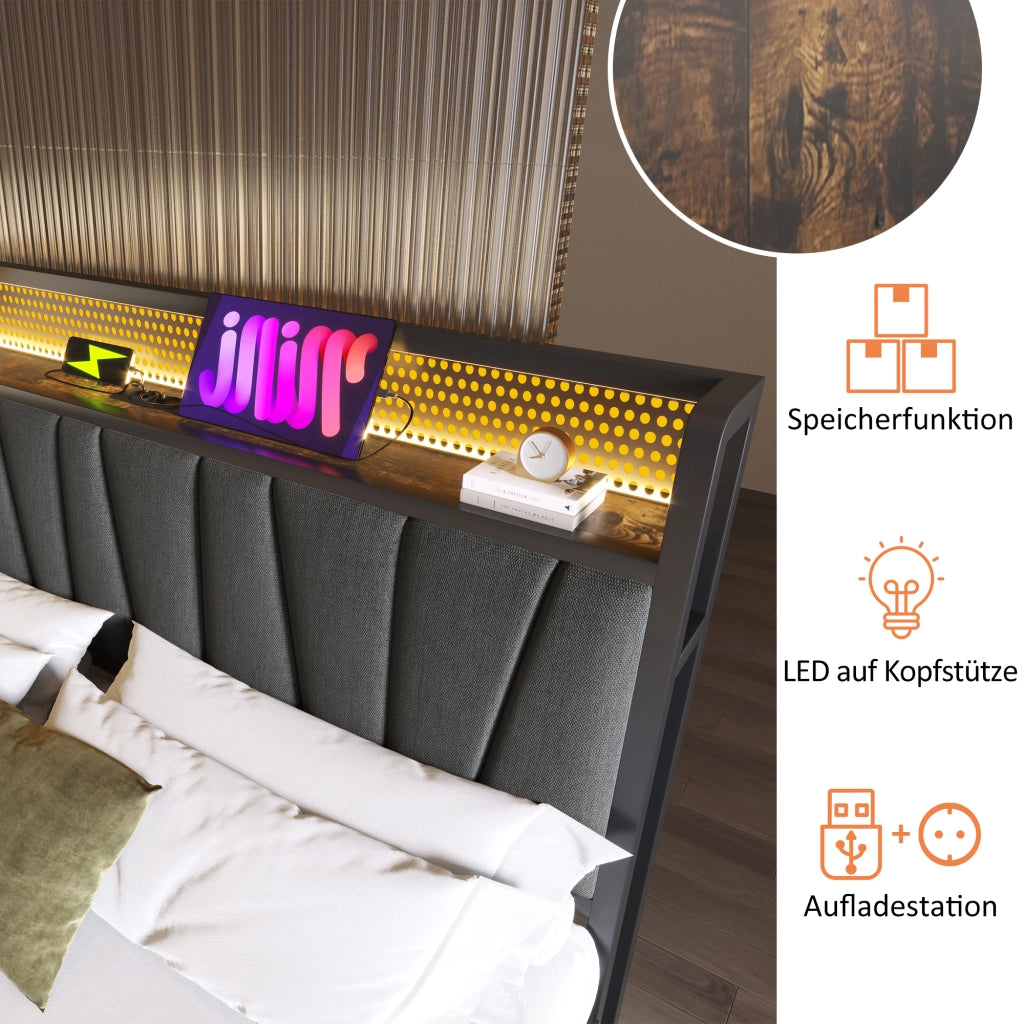 LETTO matrimoniale 160x200 cm grigio con LED RGBW, USB e prese