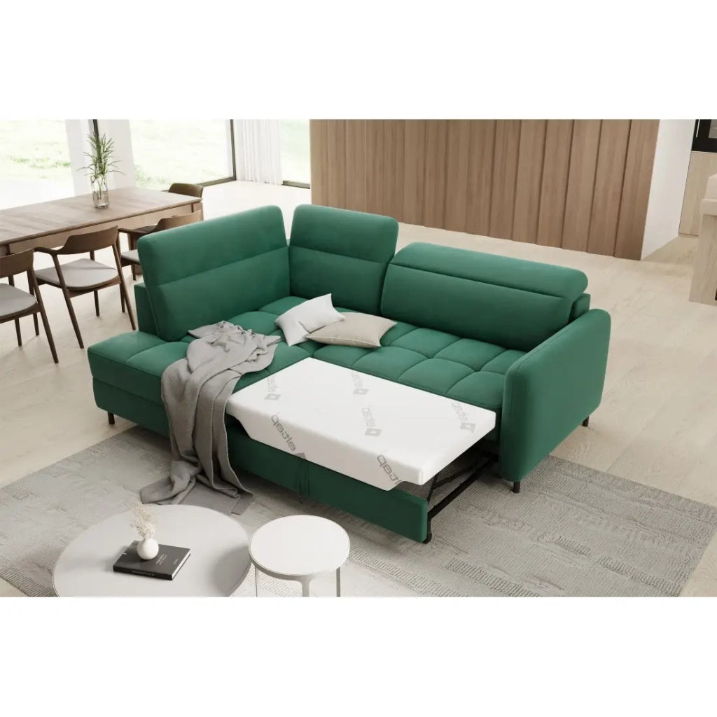 Divano angolare sinistro convertibile BARNEA 208 cm verde scuro con contenitore