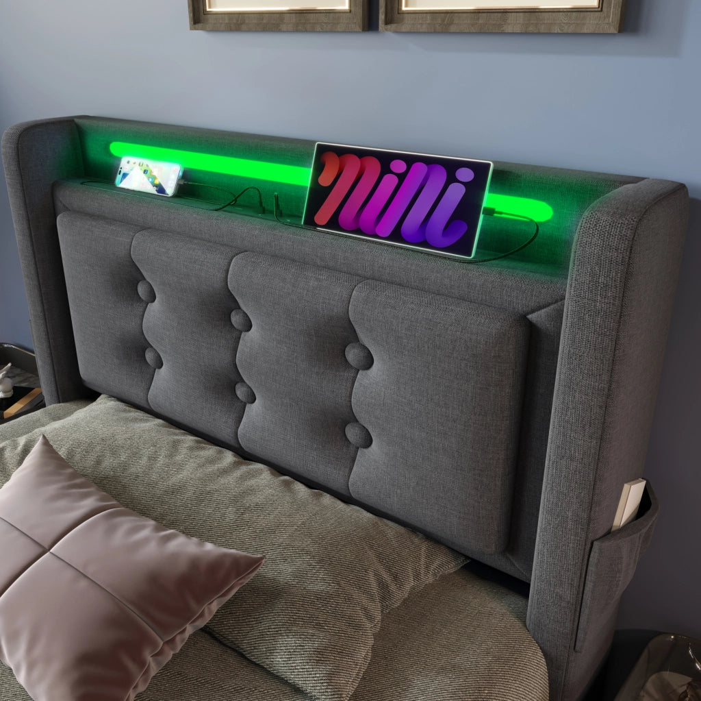 Letto imbottito 90x200 cm con LED; prese USB e Type-C; contenitore; cotone e lino; grigio