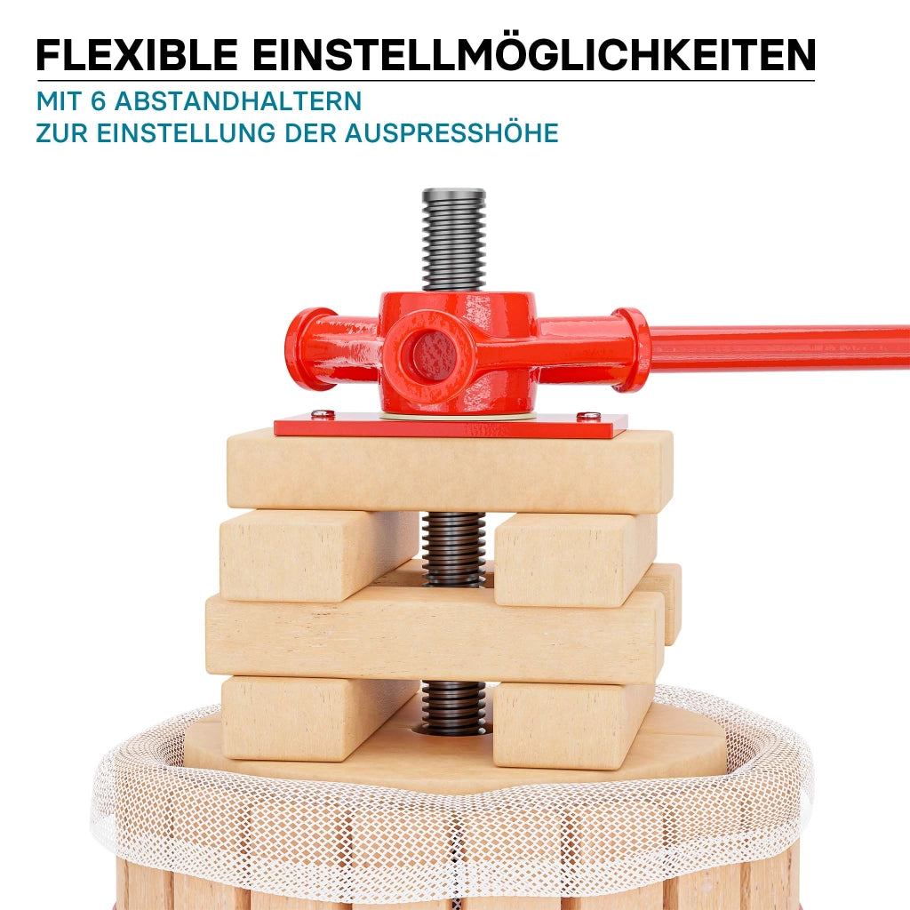 Torchio frutta da 6 l con gabbia in legno e 3 sacchi di spremitura, Torchio a leva