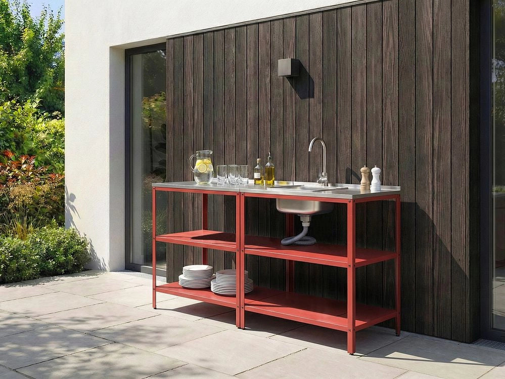 Isola da cucina da esterno con lavello Rosso Acciaio inossidabile 80 x 50 x 92 cm Rubinetto monocomando 2 ripiani Piano da cucina da giardino