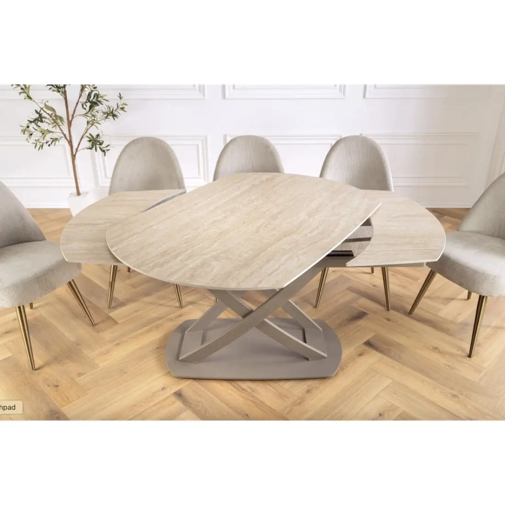 Table ATONIA – Ovale extensible de 130 à 190 cm – Piano in ceramica effetto marmo beige – Gambe in metallo – Stile moderno