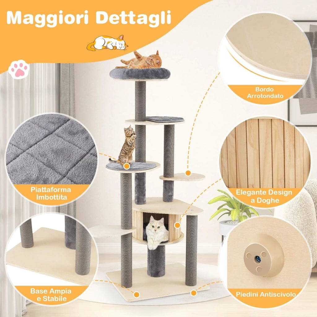 Albero per Gatti Alto 172 cm, Tiragraffi per Gatti con Posatoio Imbottito Superiore, Rifugio Privato per Gatti, Tappetini Staccabili, Pali per Graffi e Base Stabile