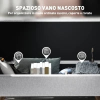 Panca Contenitore Fondo Letto con Braccioli in Tessuto, Gambe in Legno e Vano da 53.8L, 132x42x50 cm, Grigio