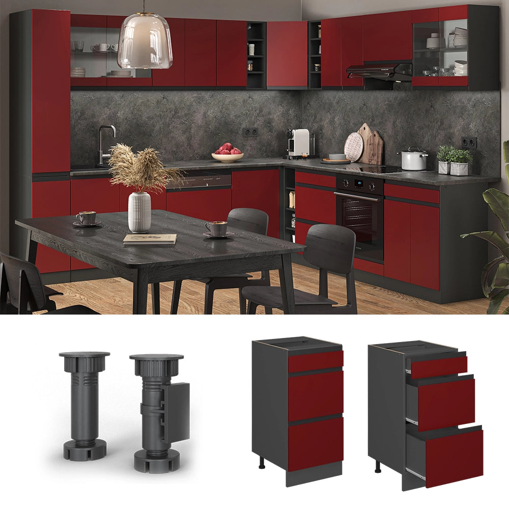 Vicco Mobiletto base per cucina Rosso 40 cm Forma a J, con cassetti, senza piano di lavoro