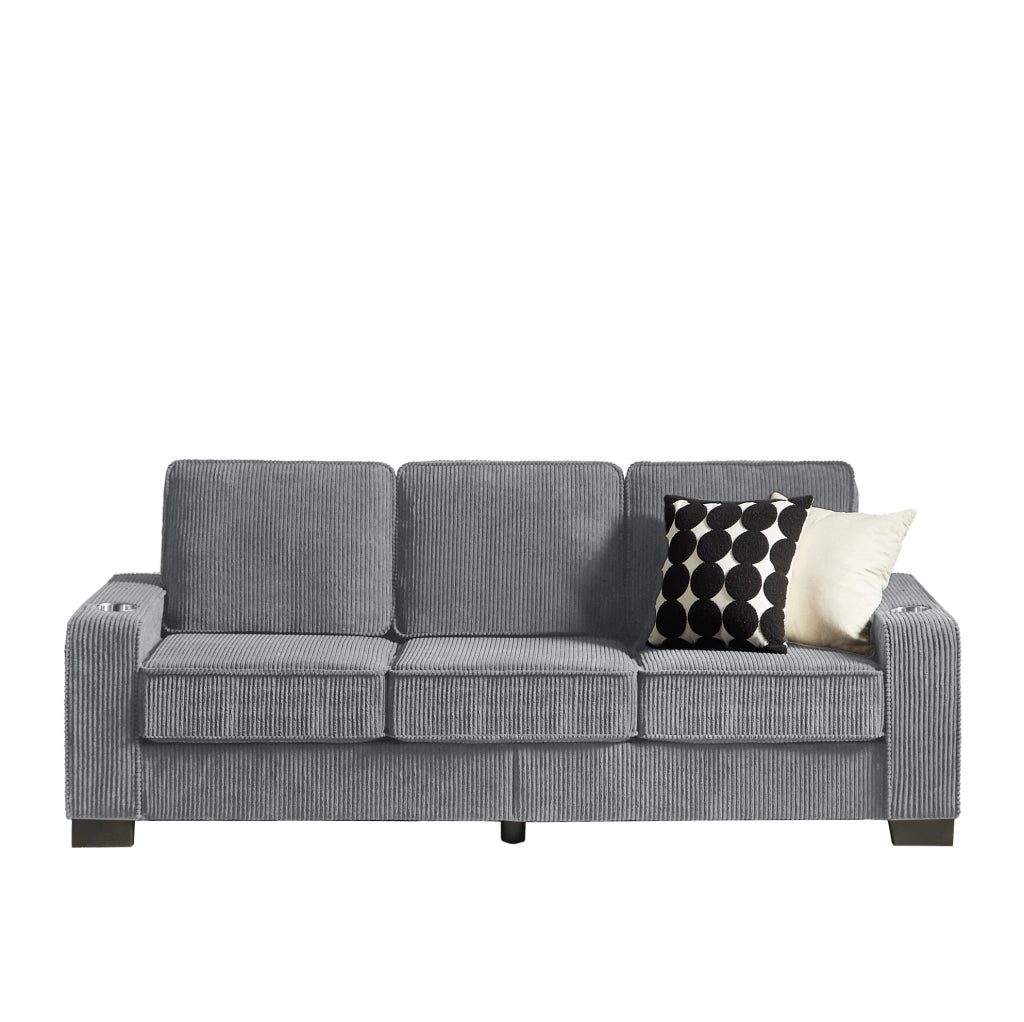 Divano 3 posti in tessuto corduroy grigio con portabicchieri; 206 x 72 x 86 cm