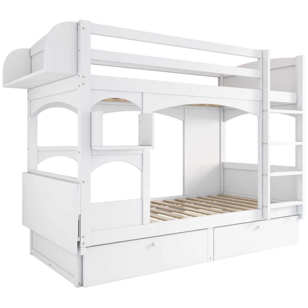 Letto a castello per bambini 90x200 cm con scrivania pieghevole; 2 cassetti; legno bianco